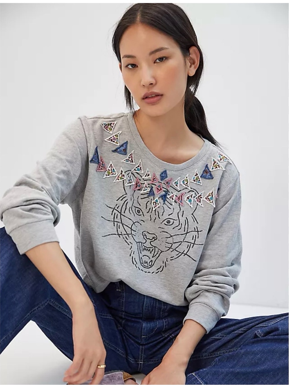 Anthropologie Grey Embellished Tiger Graphic Sweatshirt
